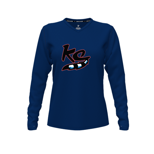 [CUS-DFW-TEES-CMF-VNK-LSL-NVY-FYXS-LOGO2] Decker Comfort T-Shirt (Female Youth XS, Navy, V Neck, Logo 2, Long Sleeve)