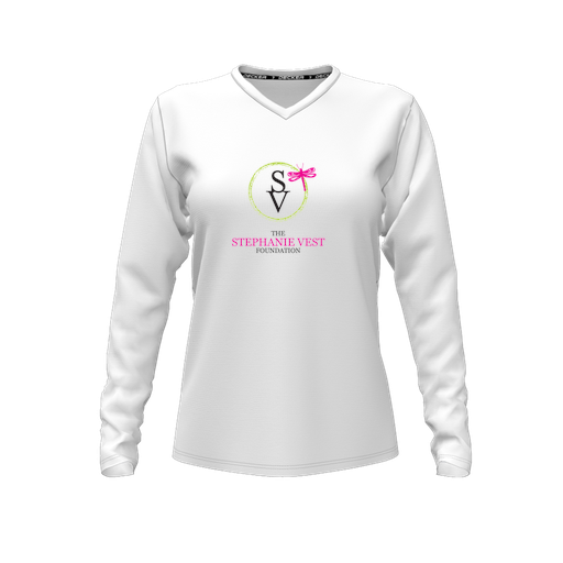 [CUS-DFW-TEES-CMF-VNK-LSL-WHT-FYXS-LOGO3] Decker Comfort T-Shirt (Female Youth XS, White, V Neck, Logo 3, Long Sleeve)