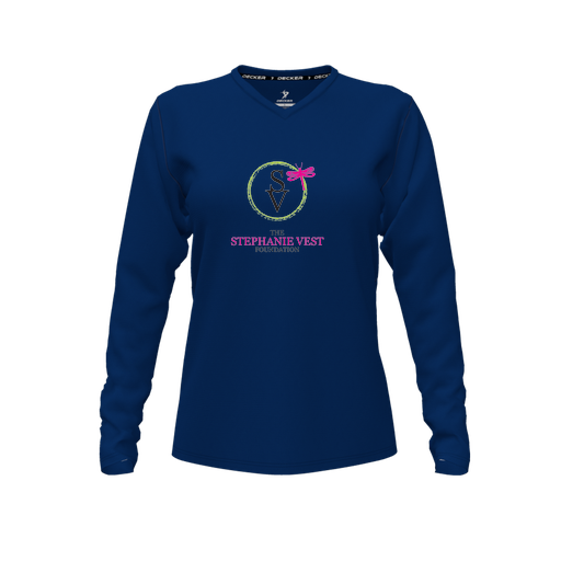 [CUS-DFW-TEES-PER-VNK-LSL-NVY-FYXS-LOGO3] Decker Performance T-Shirt (Female Youth XS, Navy, V Neck, Logo 3, Long Sleeve)