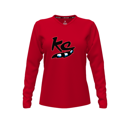 [CUS-DFW-TEES-PER-VNK-LSL-RED-FYXS-LOGO2] Decker Performance T-Shirt (Female Youth XS, Red, V Neck, Logo 2, Long Sleeve)